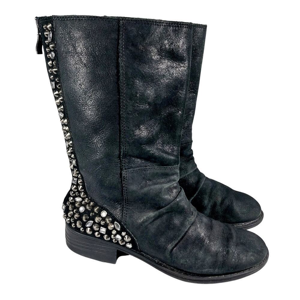 REBA! BLACK GENUINE LEATHER & SUEDE JEWELED & STUDDED MOTO ANKLE BOOTS! SZ 6M